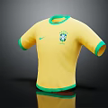 Yellow Brazilian Football Jersey with Green Collar Cuffs and Nike Logo Brazil Badge