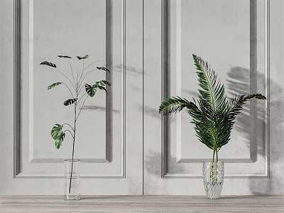 Green Leaf Plants in Transparent Vases on Wooden Floor with Gray Decorative Wall Panels 3d model