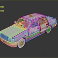 Detailed Silver Taxi Model with Red Roof Light and Blue Body Decals on Reflective Surface