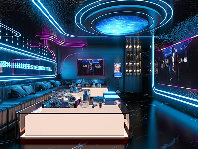 Neon Lit KTV Lounge Interior With Comfortable Sofas LED Screens And Music Ambiance 3d model
