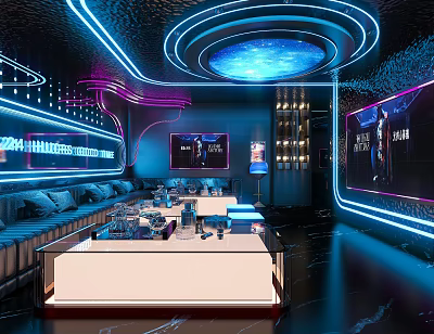 Neon Lit KTV Lounge Interior With Comfortable Sofas LED Screens And Music Ambiance 3d model