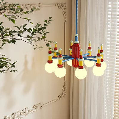 Colorful Modern Chandelier With Red Blue Yellow Accents And Light Bulbs In Living Room 3d model