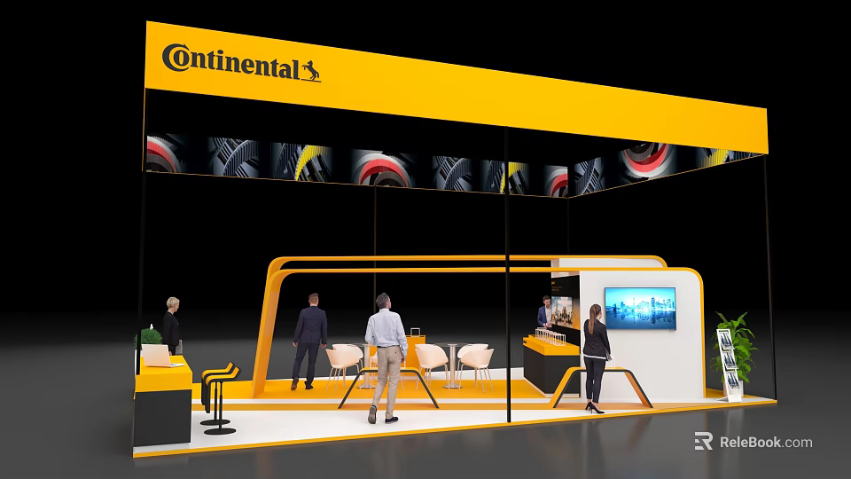Continental Exhibition Booth With Yellow Canopy Tire Patterns People Tables Chairs And TV Screen 3d model 