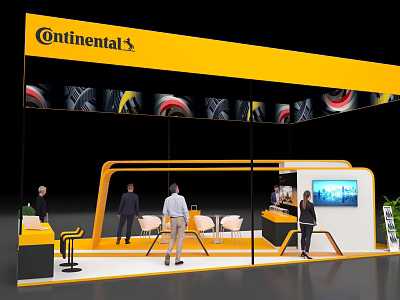Continental Exhibition Booth With Yellow Canopy Tire Patterns People Tables Chairs And TV Screen 3d model