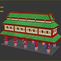Cartoon Style Two Story Traditional Chinese Building With Green Roof Red Pillars And Windows