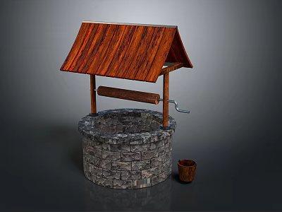 Traditional Well Structure With Wooden Gable Roof Stone Base Winch And Bucket 3d model