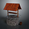 Traditional Well Structure With Wooden Gable Roof Stone Base Winch And Bucket