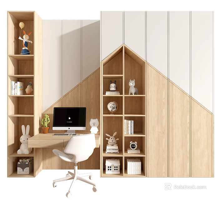 Modern Wooden Bookcase With Open Shelves And Study Desk In Home Office With Decorative Figurines 3d model 