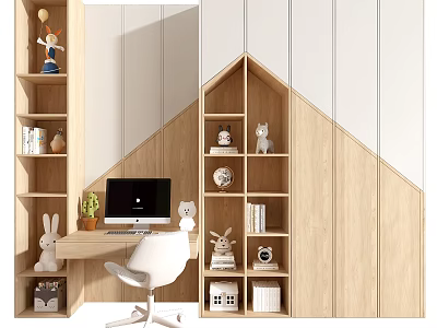 Modern Wooden Bookcase With Open Shelves And Study Desk In Home Office With Decorative Figurines 3d model