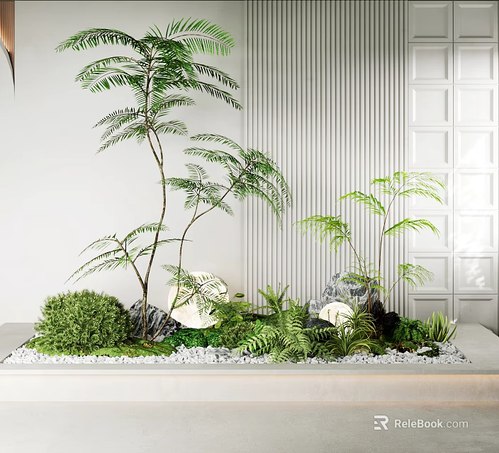Natural Indoor Residential Landscape Design Featuring Green Plants Rocks Moss White Wall And Door 3d model 