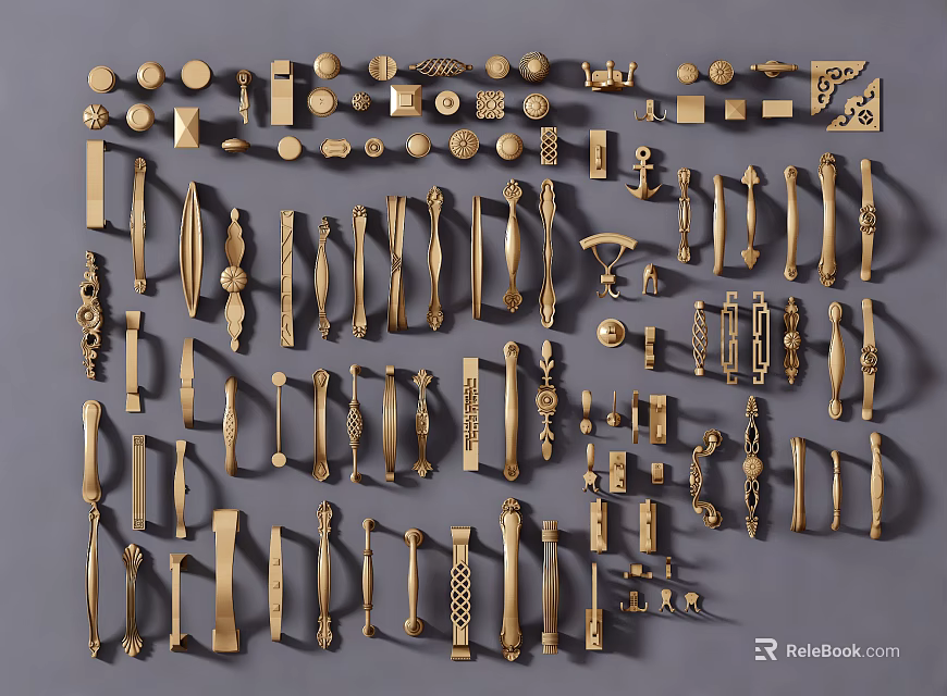 Golden Door Handles With Various Designs And Styles For Home Decor 3d model 