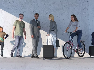 People Walking Talking And Riding A Bicycle With Suitcases Near Gray Wall 3d model