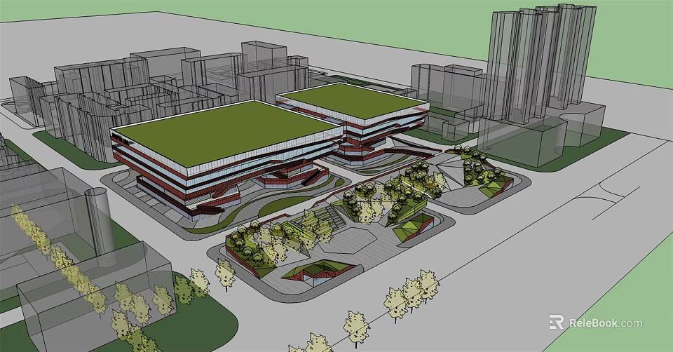Modern Urban Building Complex Featuring Green Roofs And Surrounding Trees 3d model 