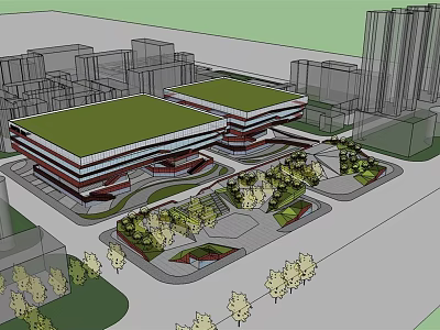 Modern Urban Building Complex Featuring Green Roofs And Surrounding Trees 3d model