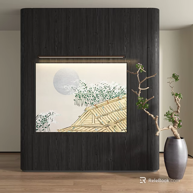 Abstract Painting With Moonlit Roof And Green Plants On Dark Wooden Wall 3d model 