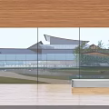 Modern Library Building Showcasing Glass Curtain Wall Roof Design and Green Lawn with Water Pool