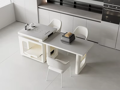 Modern White Dining Table Set With Storage Design And White Chairs In Minimalist Kitchen 3d model