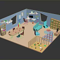 Cozy Indoor Landscape with Blue Walls White Shelves Table Black Chairs and Kids' Play Area with Toys
