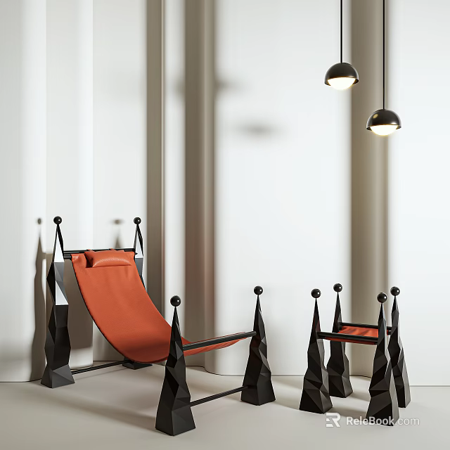 Modern Orange Lounge Chair With Geometric Black Metal Legs And White Wall 3d model 