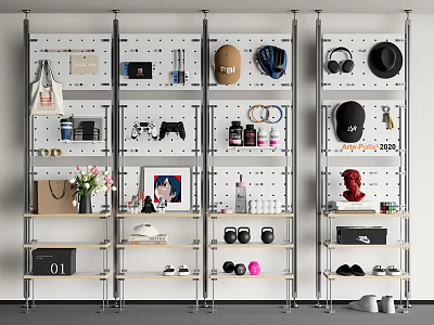 Modern Shelving Unit With Bags Hats Headphones Shoes Dumbbells And Decor For Home Storage 3d model