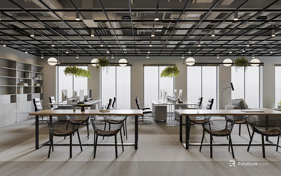 Modern Open Public Office Space With Long Tables Pendant Lights Green Plants Bookshelves Large Windows 3d model 