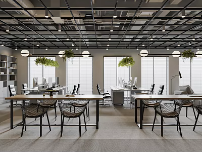 Modern Open Public Office Space With Long Tables Pendant Lights Green Plants Bookshelves Large Windows 3d model