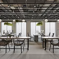 Modern Open Public Office Space With Long Tables Pendant Lights Green Plants Bookshelves Large Windows