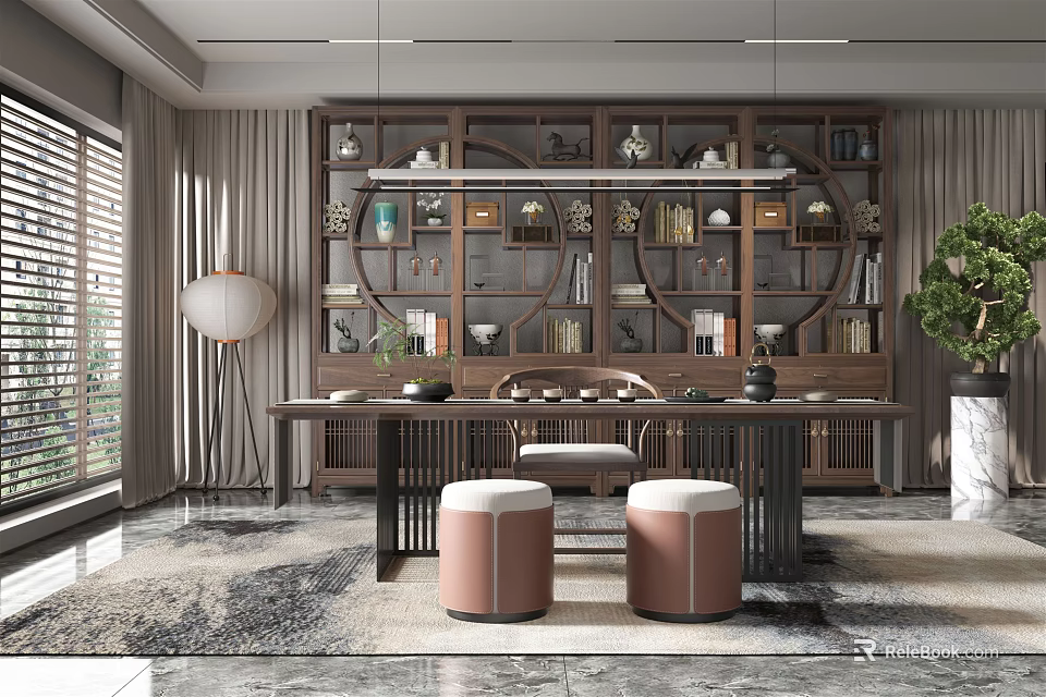 Traditional Tea Room Interior Design With Wooden Bookshelves Tea Sets And Cozy Seating 3d model 