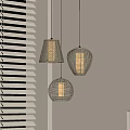 Three Modern Cage Design Pendant Lights In Interior With Window Blinds And Warm Glow