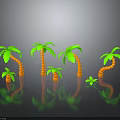 Green and orange palm trees of various sizes arranged on gray background with reflections