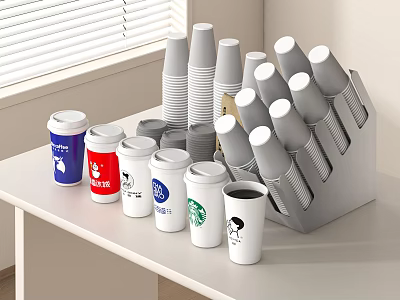 Organized Cup Holder Rack with Stacked Paper Cups and Colored Lidded Cups on White Table 3d model