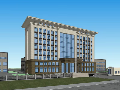 Modern Office Building With Glass Curtain Walls And Multi Storey Architectural Design 3d model