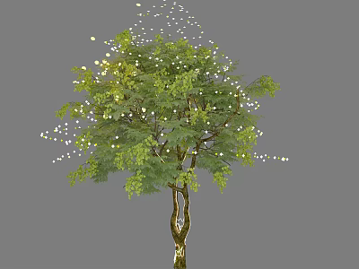 Decorative Arbor Tree with Golden Trunk Green Leaves and White Glowing Lights on Gray Background 3d model