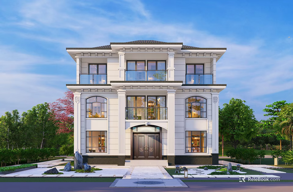 Two Story Detached Villa Exterior Design with White Walls Large Windows and Green Lawn 3d model 
