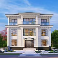 Two Story Detached Villa Exterior Design with White Walls Large Windows and Green Lawn