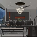 Private Dining Box With Large Windows Mountain View Dining Table Chairs And Modern Chandelier 3d model