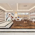 Bright Sweet Shop Interior With Glass Display Cases Desserts Drinks Tables Chairs And Hanging Lights