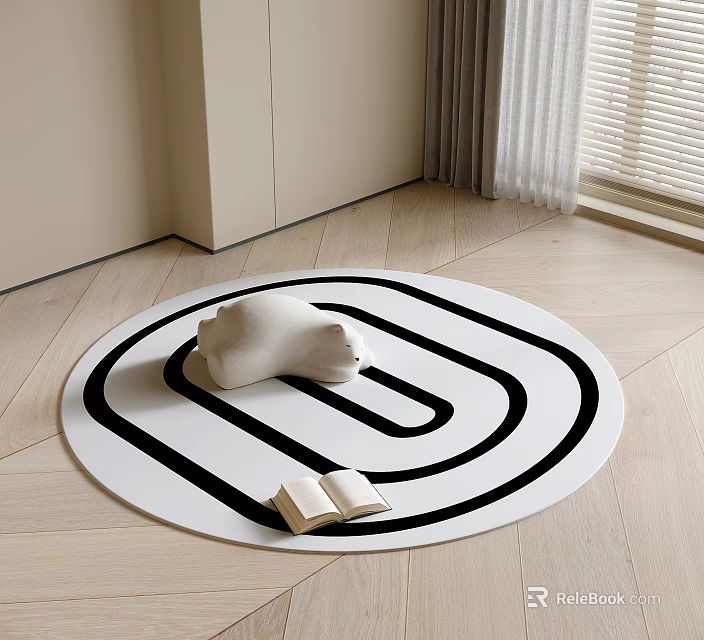 Round Area Rug with Black and White Circular Pattern White Stuffed Bear and Open Book 3d model 