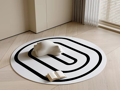 Round Area Rug with Black and White Circular Pattern White Stuffed Bear and Open Book 3d model
