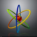 3D Atomic Structure Model With Central Red Sphere And Colorful Hoops Blue Green Yellow Orange
