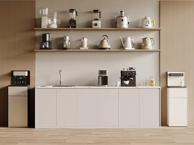 Modern Kitchen Interior With Shelves Of Various Appliances And White Cabinets 3d model