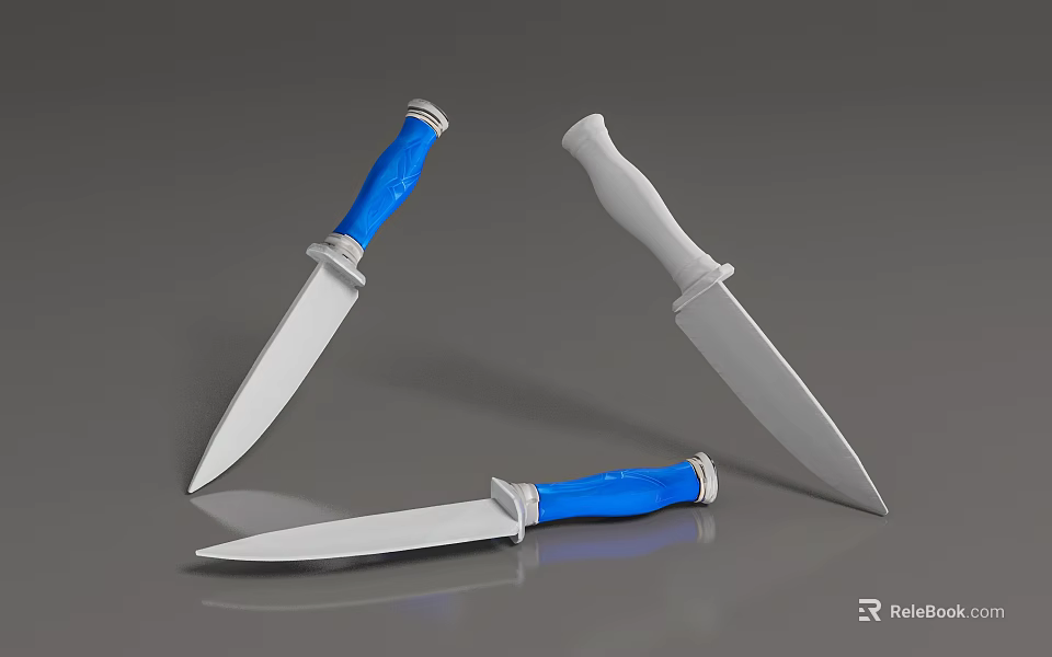 Kitchen Knives With Blue And White Handles And Silver Blades 3d model 