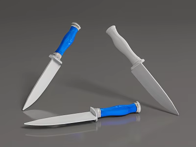 Kitchen Knives With Blue And White Handles And Silver Blades 3d model