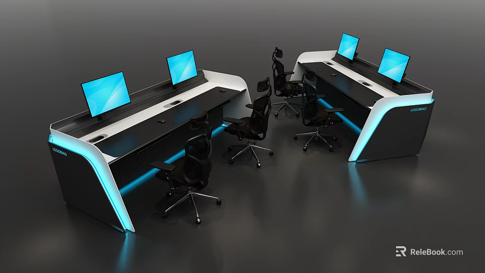 Modern Workstation Setup With Multiple Computer Monitors Black Chairs And Blue Lighting 3d model 