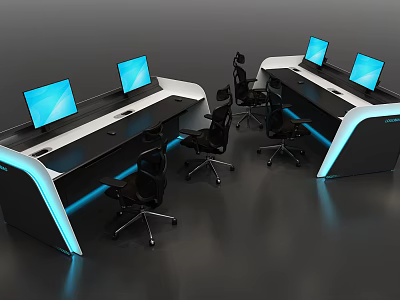 Modern Workstation Setup With Multiple Computer Monitors Black Chairs And Blue Lighting 3d model