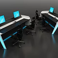 Modern Workstation Setup With Multiple Computer Monitors Black Chairs And Blue Lighting