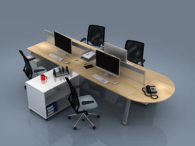 Curved Modern Office Desk With Multiple Computer Monitors Office Chairs And Side Cabinet 3d model