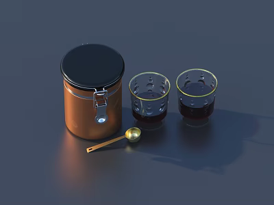 Tableware Set Including Brown Jar With Black Lid Two Gold Rimmed Glasses And Gold Spoon 3d model