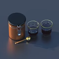 Tableware Set Including Brown Jar With Black Lid Two Gold Rimmed Glasses And Gold Spoon