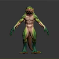 Fantasy Lizard Creature 3D Model With Green And Pink Muscular Body Standing Posture